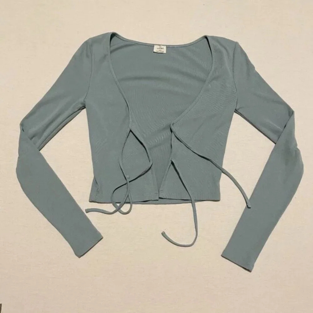 Aritzia Wilfred Tie Front Long Sleeve Ribbed Stretchy Crop Top  XXS - Picture 15 of 16